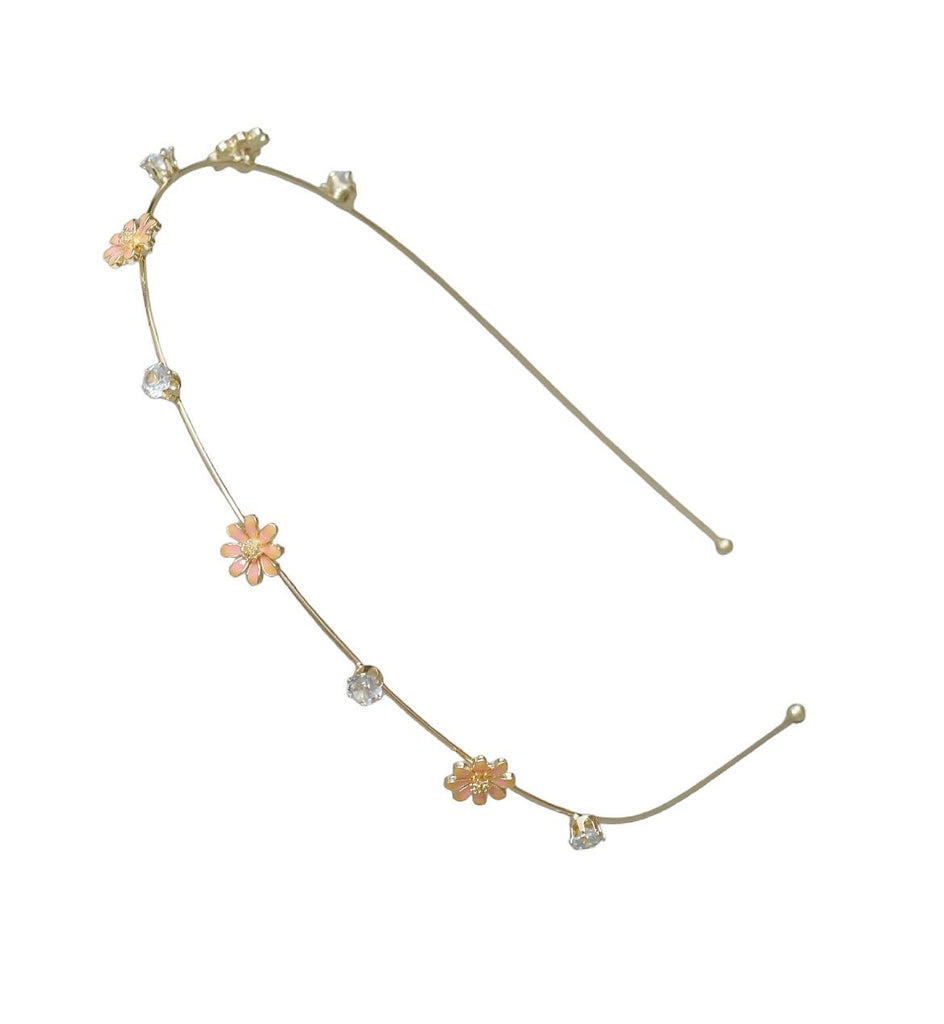 Golden and pink floral hairband and hair clips set by Yellow Bee, adorned with rhinestones and pearls for youth.