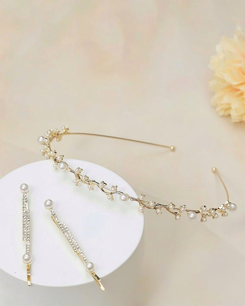 Sophisticated Yellow Bee golden leaf hairband and hair clip set with rhinestones and pearls, ideal for adult wedding guests.