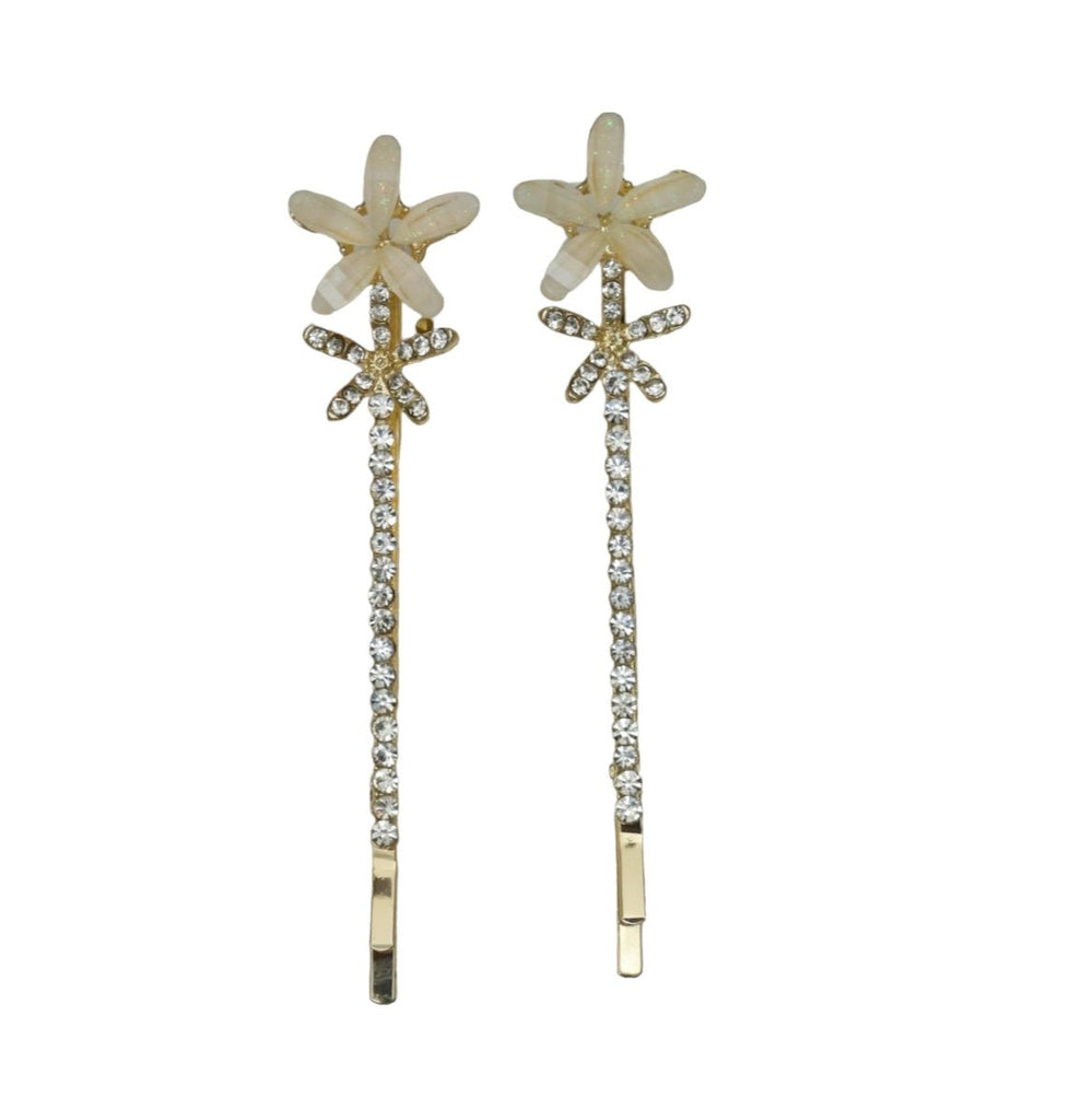 Two golden hair clips from Yellow Bee, each featuring an intricate tulip design studded with sparkling stones, isolated against a white backdrop for a clear view.