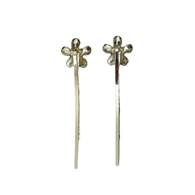 Two golden hair clips from Yellow Bee, each with a long stem and faux pearl flower, isolated against a white backdrop for a clear Back view.
