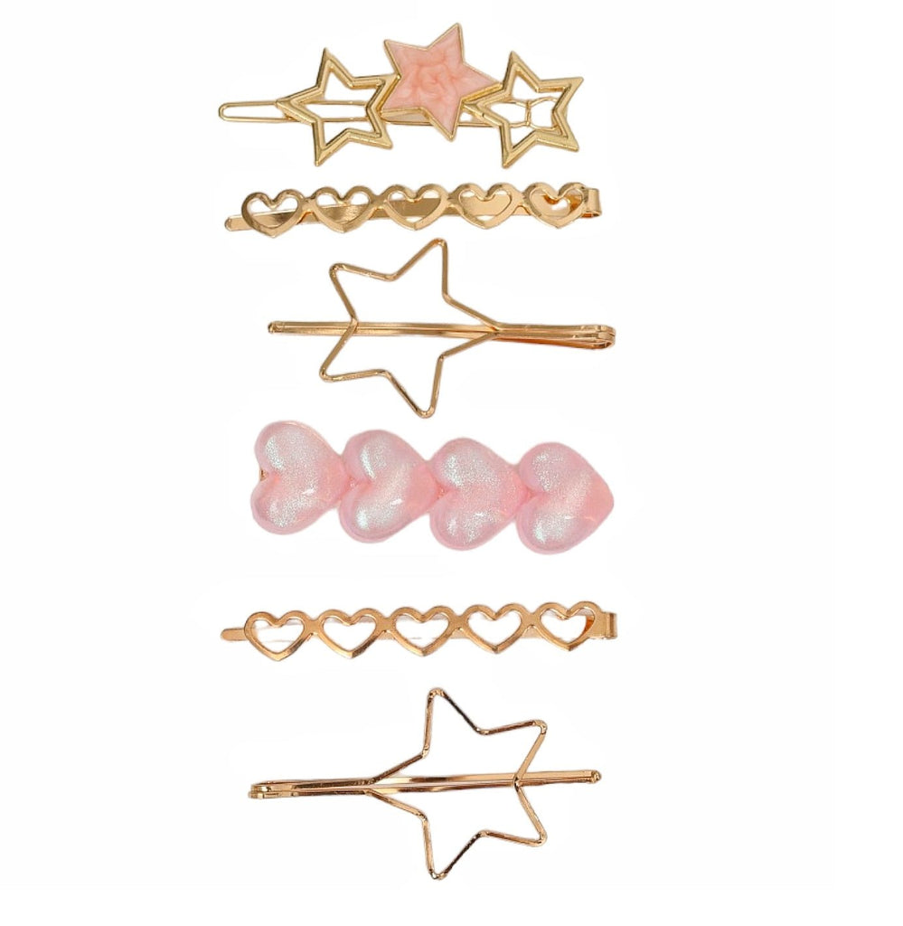 Modern golden and pink hair clip set for youth by Yellow Bee, featuring charming hearts and stars for elegant hairdos.