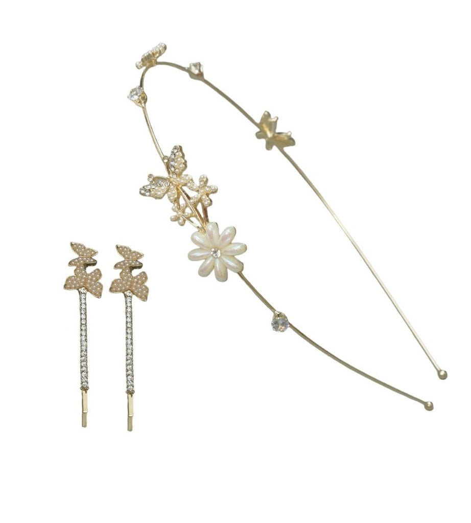 Elegant youth hair accessories set, featuring Yellow Bee's golden stone-studded hairband and clips with butterfly and floral designs.