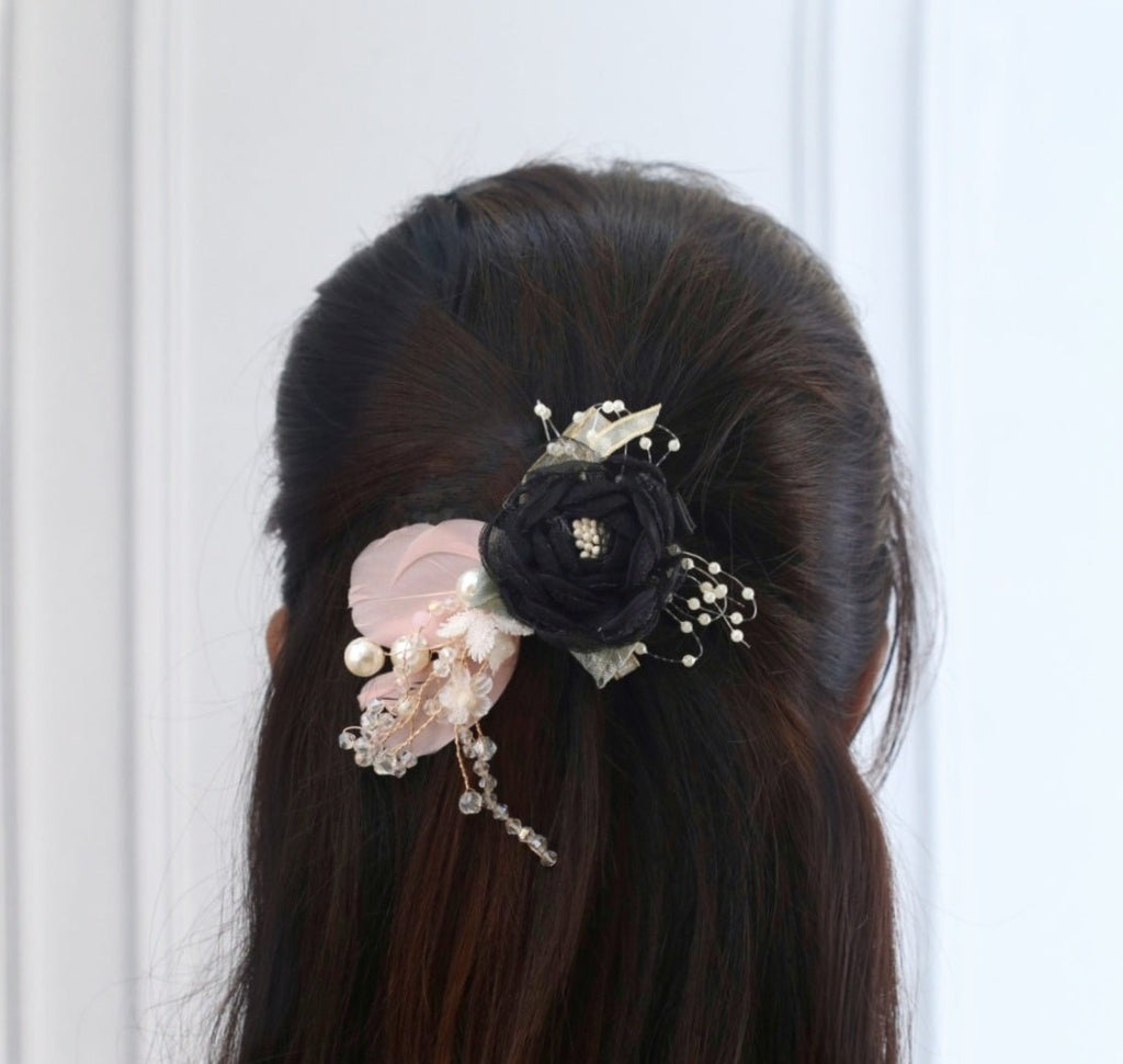 Black and Pink Rosette Hair Clip by Yellow Bee in Hair - Elegant Wedding Hairstyle Embellishment