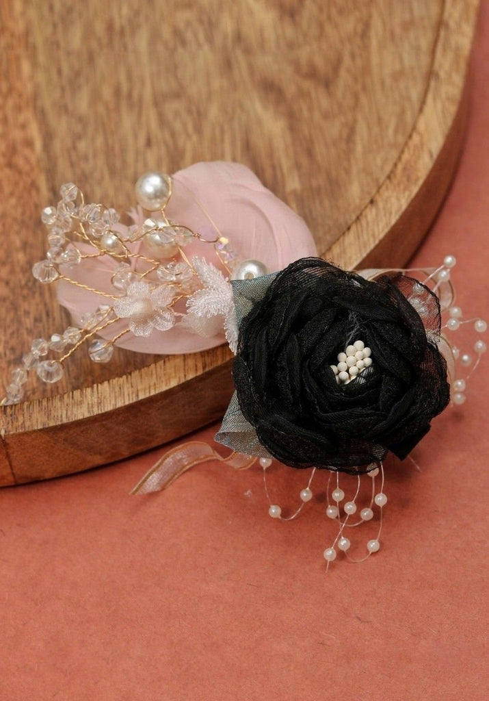 Styled View of Black and Pink Rosette Hair Clip with Net Leaf by Yellow Bee - Perfect Wedding Accessory