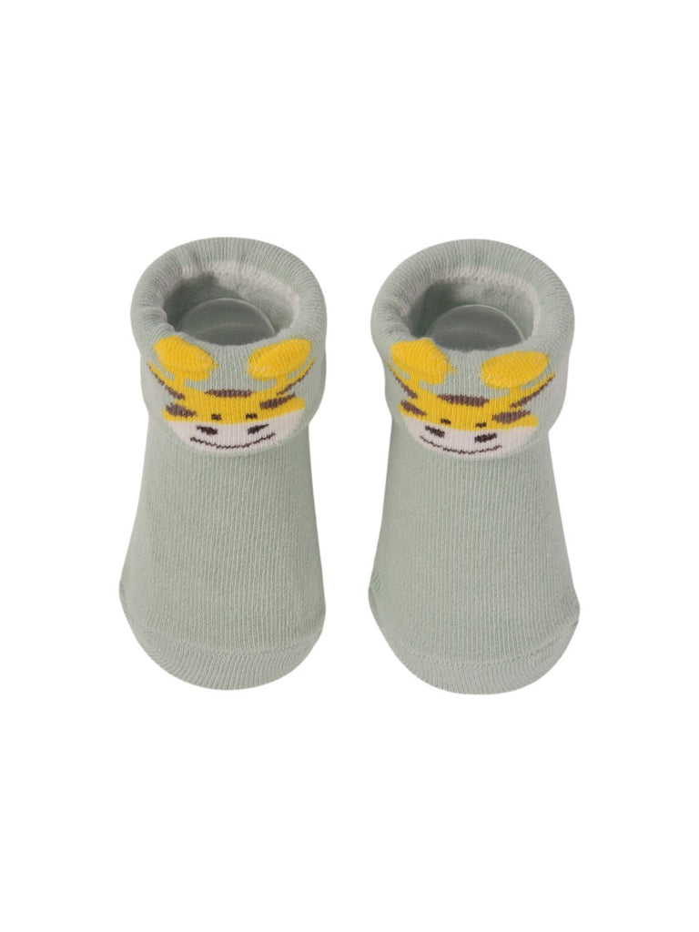 Top view of Mint Green Baby Booties with 3D Giraffe Face, showcasing the elastic cuffs and secure fit for baby’s feet.