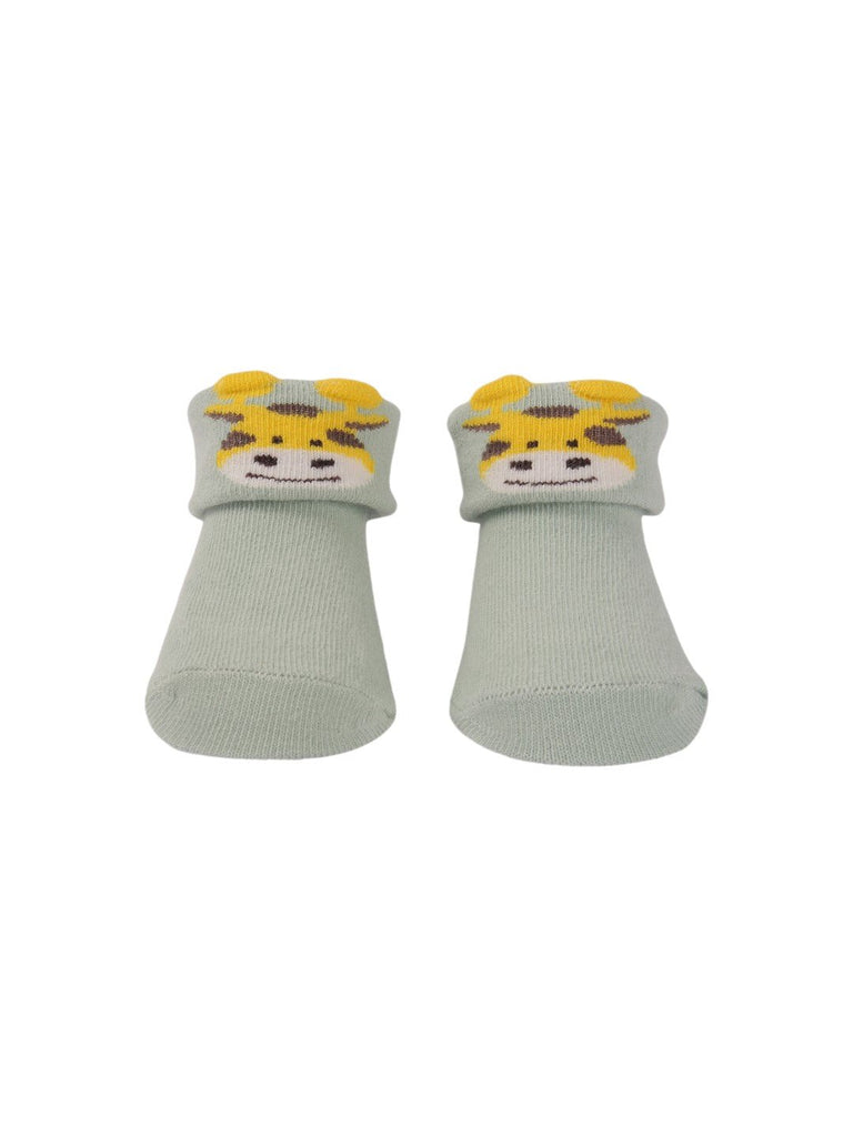 Front view of Mint Green Baby Booties with 3D Giraffe Face, showing the adorable giraffe face and cozy material.