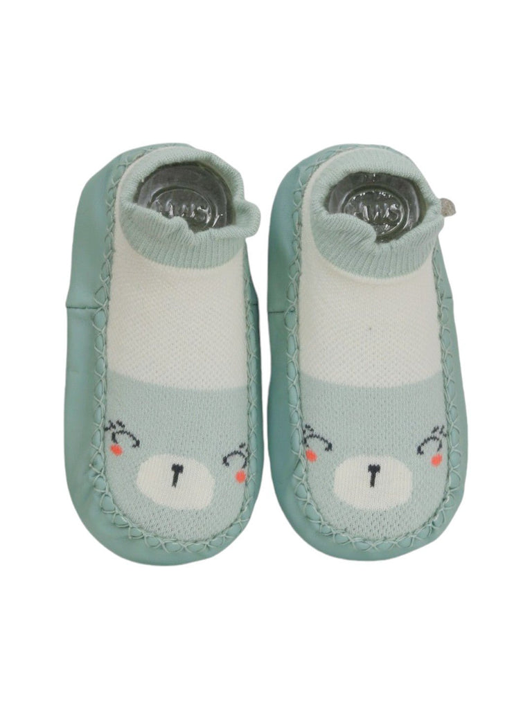 Mint Green Baby Moccasin Socks with 3D Bear Design – Top View.