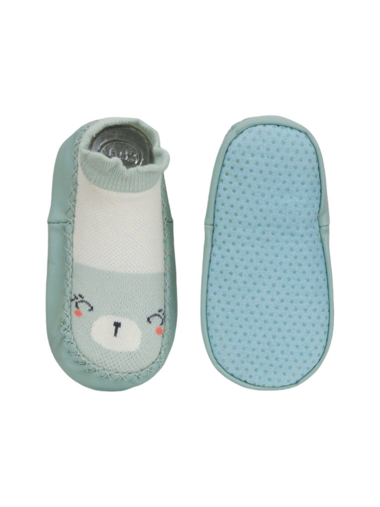 Mint Green Baby Moccasin Socks with 3D Bear Design – Front and Back View.