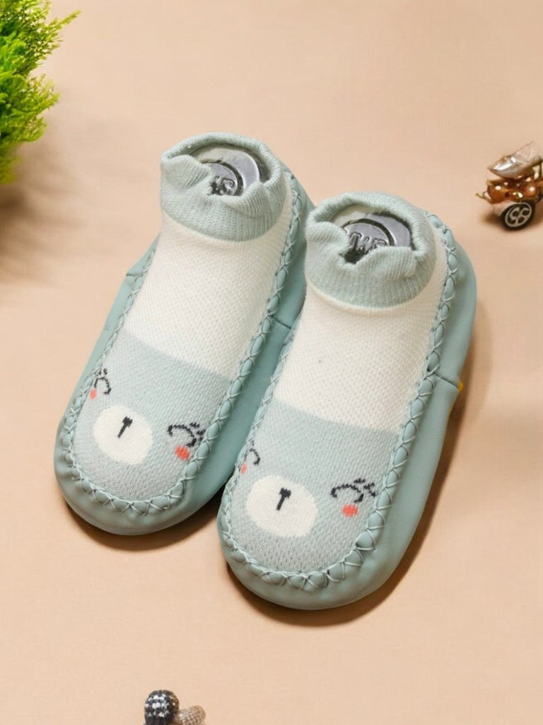 Mint Green Baby Moccasin Socks with 3D Bear Design – Creative View.