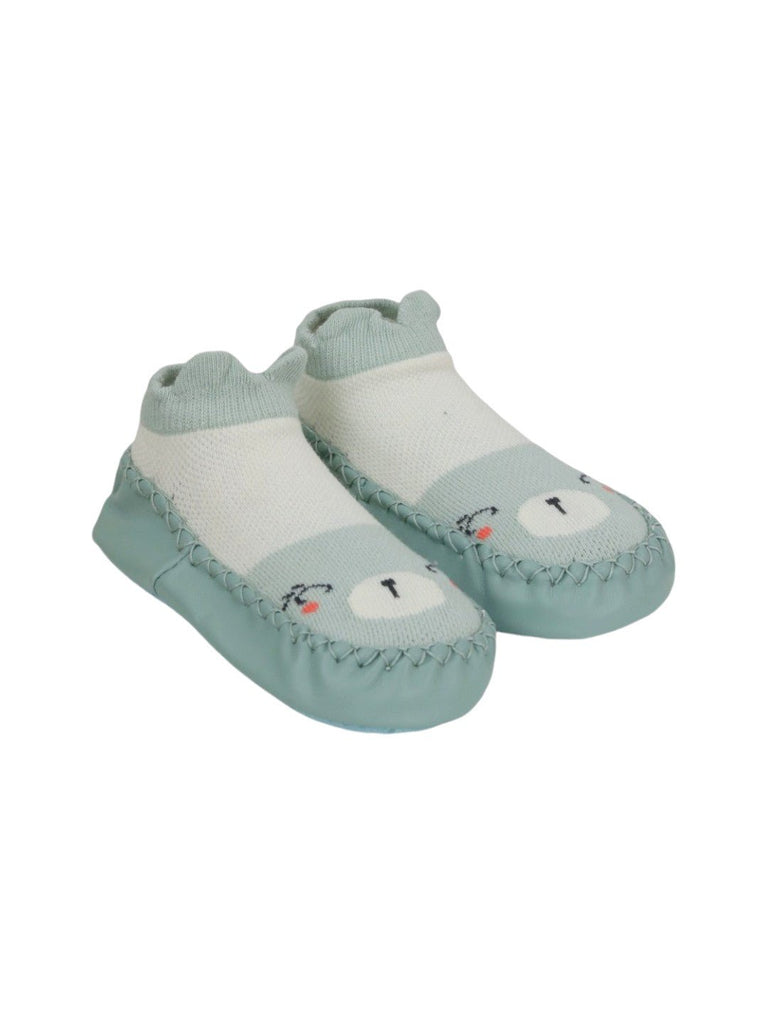 Mint Green Baby Moccasin Socks with 3D Bear Design – Side View.