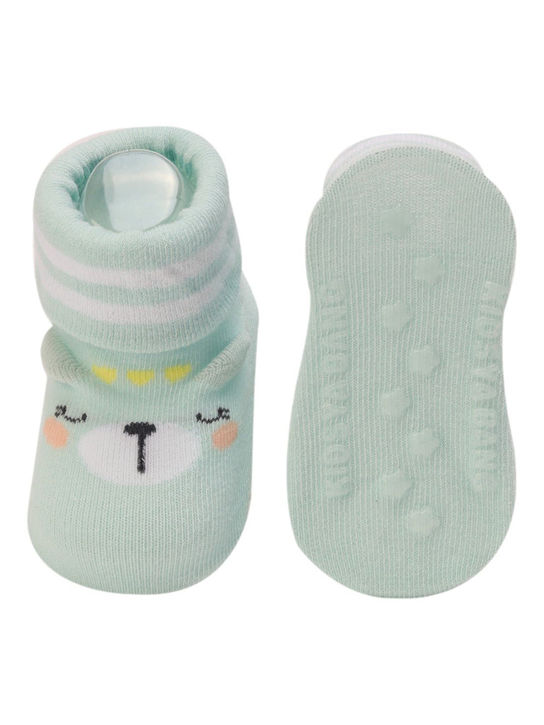 Mint Green Bear Baby Socks with Stripes Front and Back View