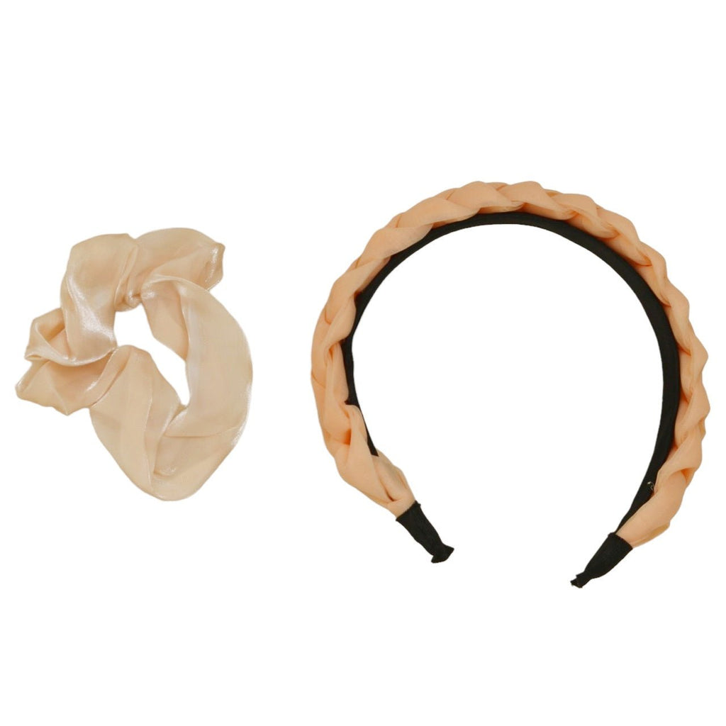 Top view of Yellow Bee's Peach Braided Hairband paired with a Glossy White Silk Scrunchie.