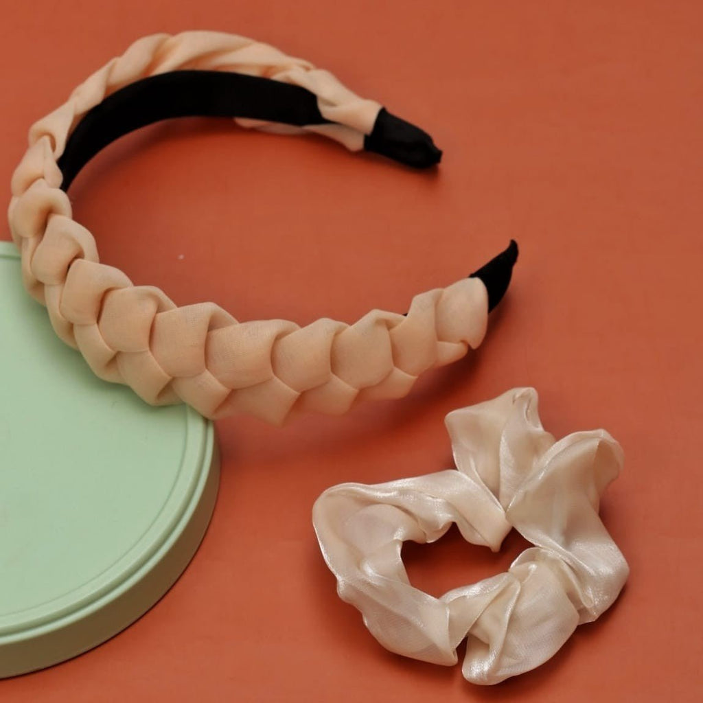 Staged image of Yellow Bee's Hair Accessory Combo featuring a Peach Braided Hairband and White Silk Scrunchie on a soft background