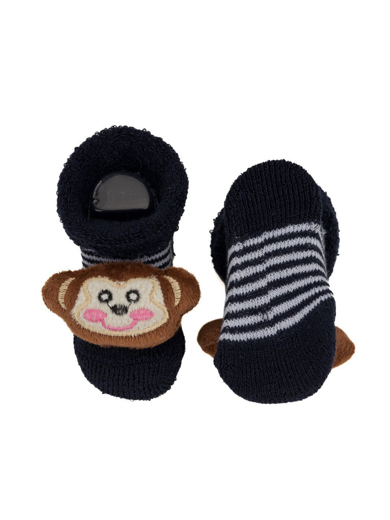Single pair of Yellow Bee's navy monkey stuffed toy socks for boys, front and back view.