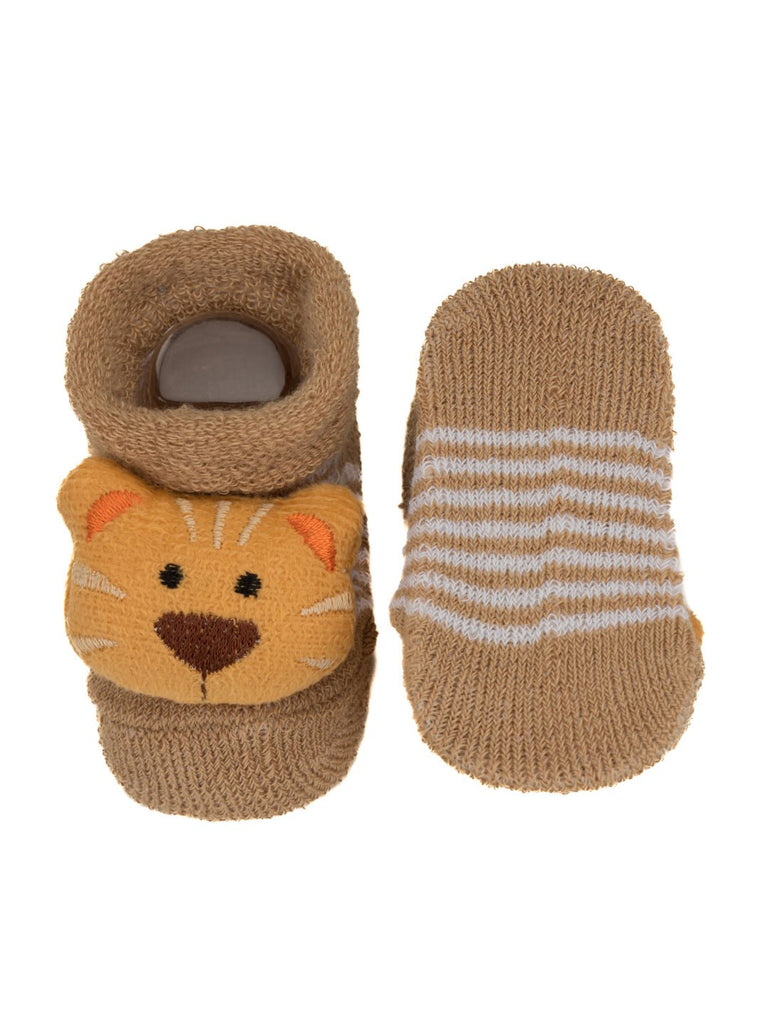 Single pair of Yellow Bee's brown tiger stuffed toy socks for boys, shown from front and back.