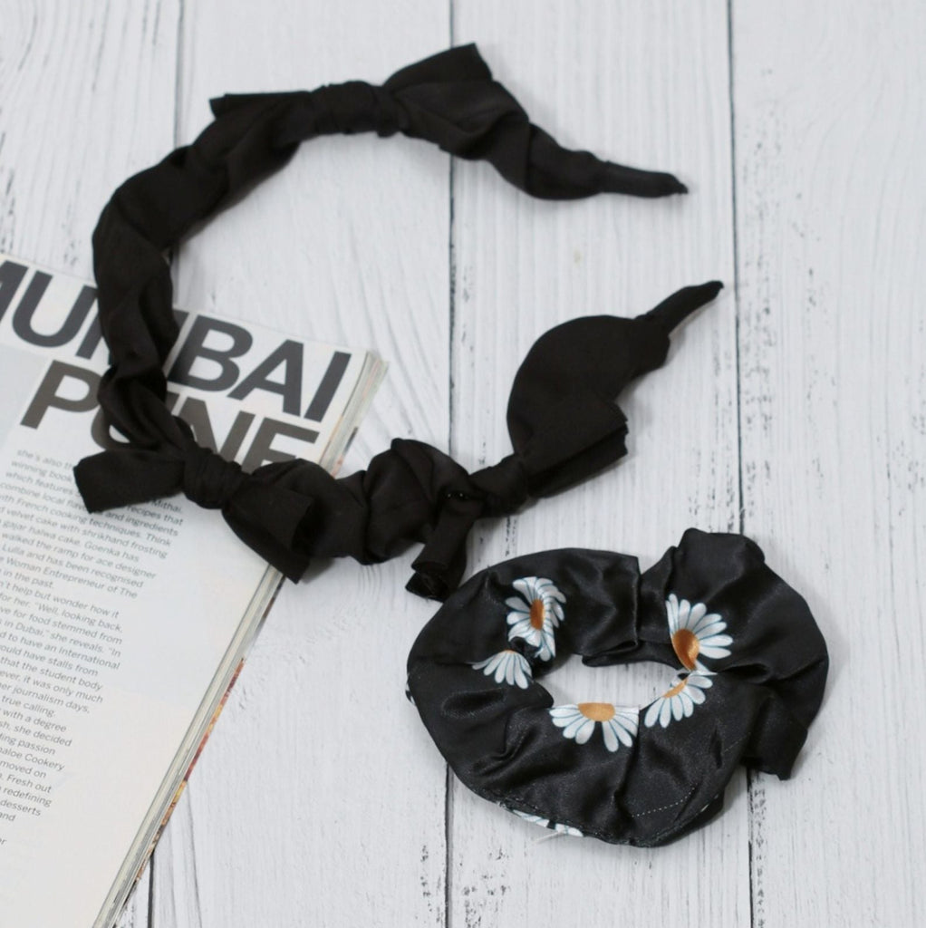 Yellow Bee's Black Bow Hairband and Daisy Scrunchie set presented with a book, ideal for trendy Collection.