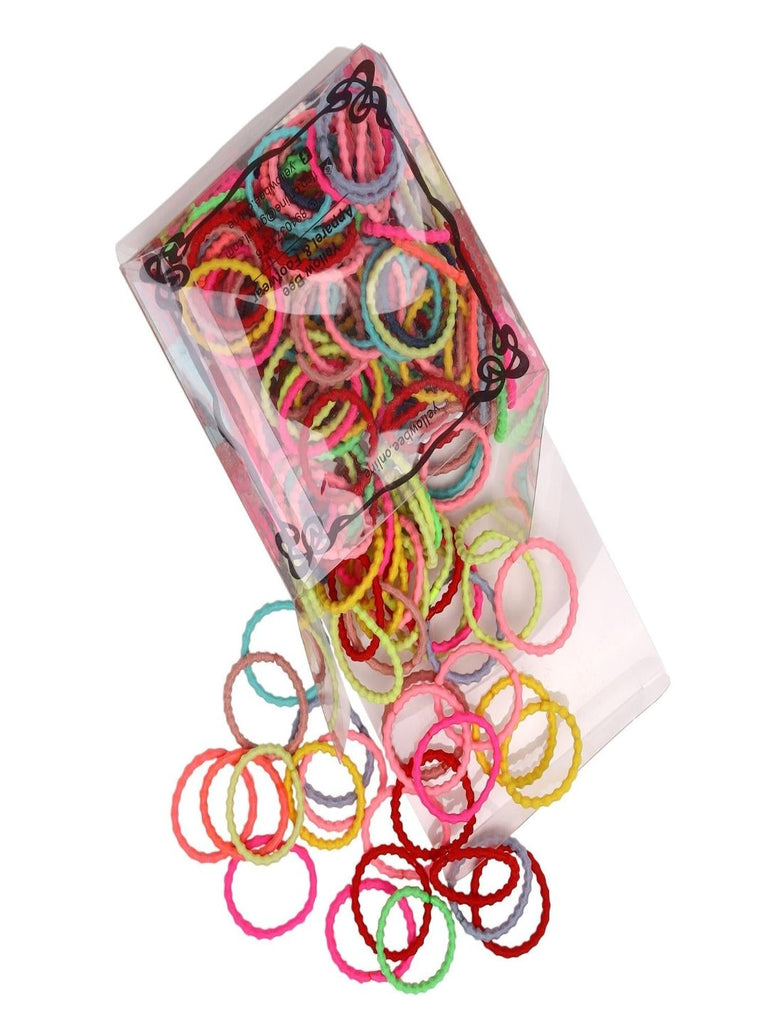 A playful spill of Yellow Bee's 100 multi-coloured rubber bands from a clear box, showcasing an array of colors.