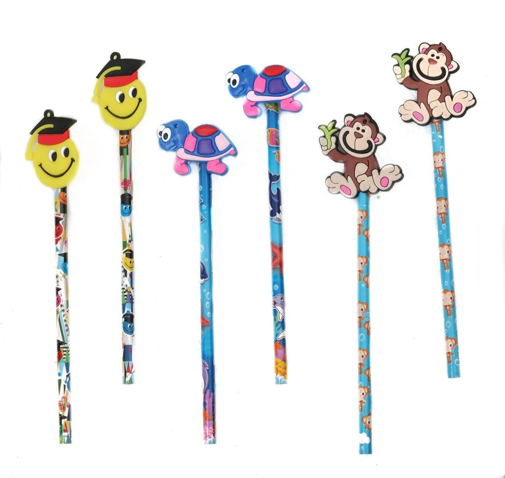 Top view of Yellow Bee's multicolor pencil pack, showcasing fun motifs for kids.