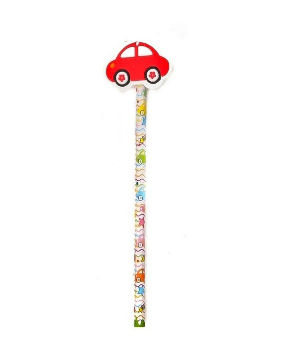 Single Yellow Bee pencil with a bright red car motif, perfect for young automobile enthusiasts.