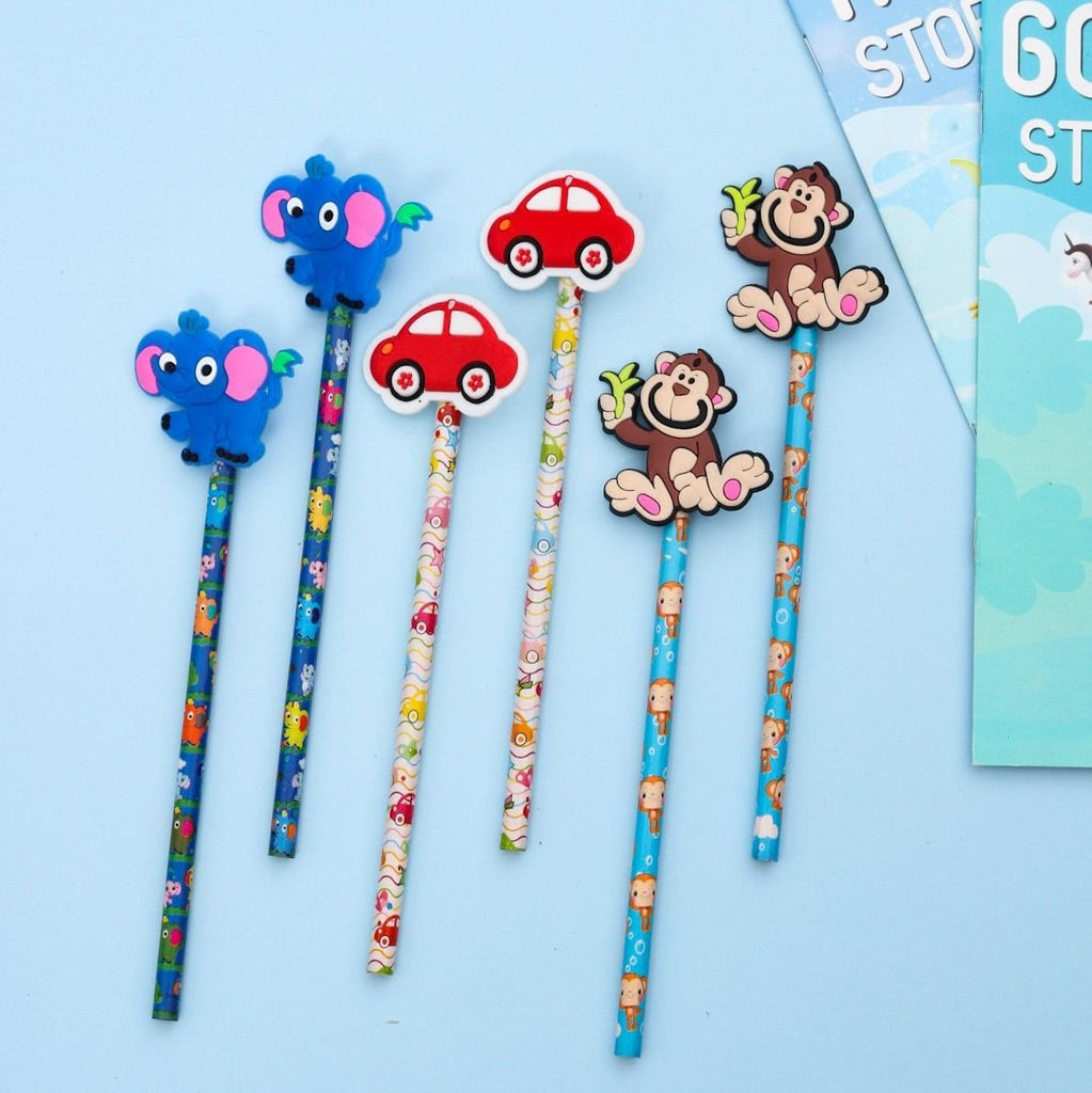 A fun and colorful display of Yellow Bee pencils with assorted animal motifs for boys and girls.