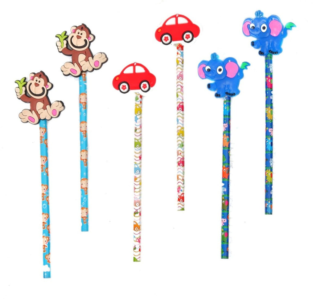 Pack of Yellow Bee pencils featuring playful monkey and car motifs, ideal for kids' school supplies.