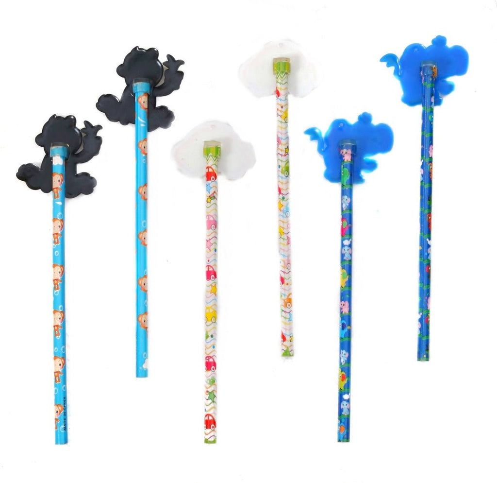 Colorful Yellow Bee pencils with cloud and animal motif toppers, great for creative writing and drawing.