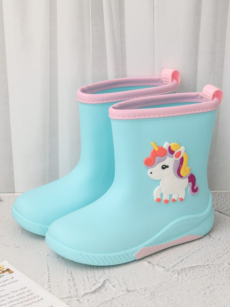 Creative display of Blue Unicorn Rain Boots for girls