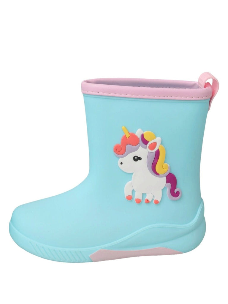 Side view of Blue Unicorn Rain Boots showing the profile and sole design