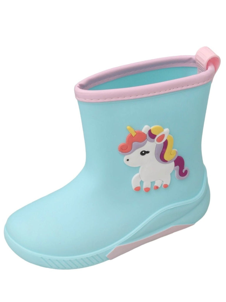 Top angle view of Blue Unicorn Rain Boots, focusing on the top opening and pull tabs