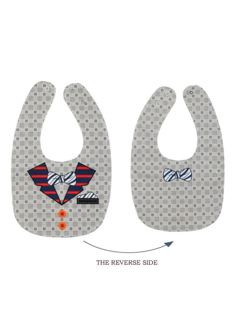 Front and back view of Nautical Stripes Bow Tie Cotton Baby Bib for Boys by Yellow Bee...