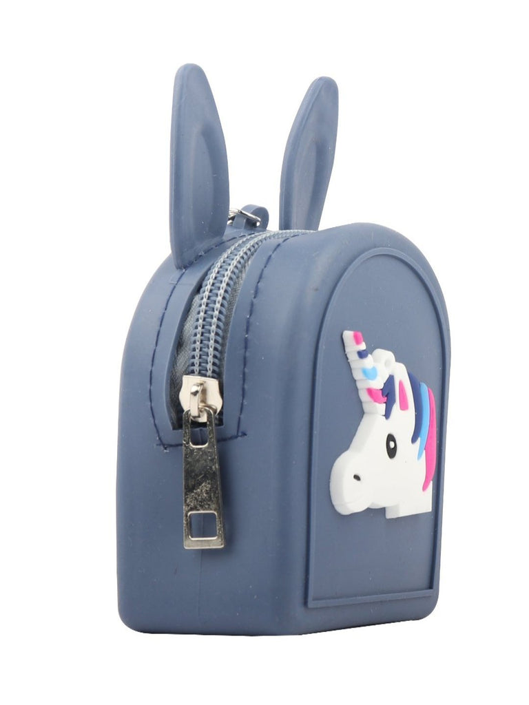 Full view of Navy Bunny-Eared Coin Pouch with Keychain and Colorful Unicorn Design