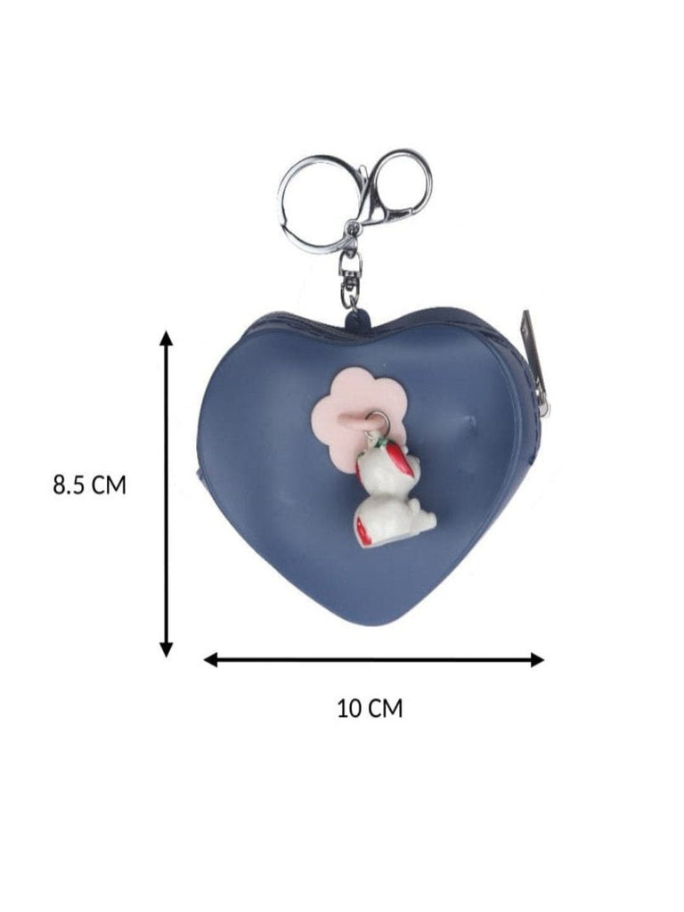 Measurement view of navy heart-shaped coin purse with playful puppy charm.