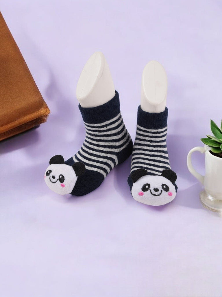 Navy striped baby socks with a 3D panda face on the toes, showing a playful and cute design for toddlers CREATIVE VIEW