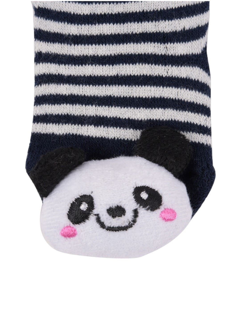 Closeup of the 3D panda face on the navy striped baby socks, highlighting the soft and cozy material.