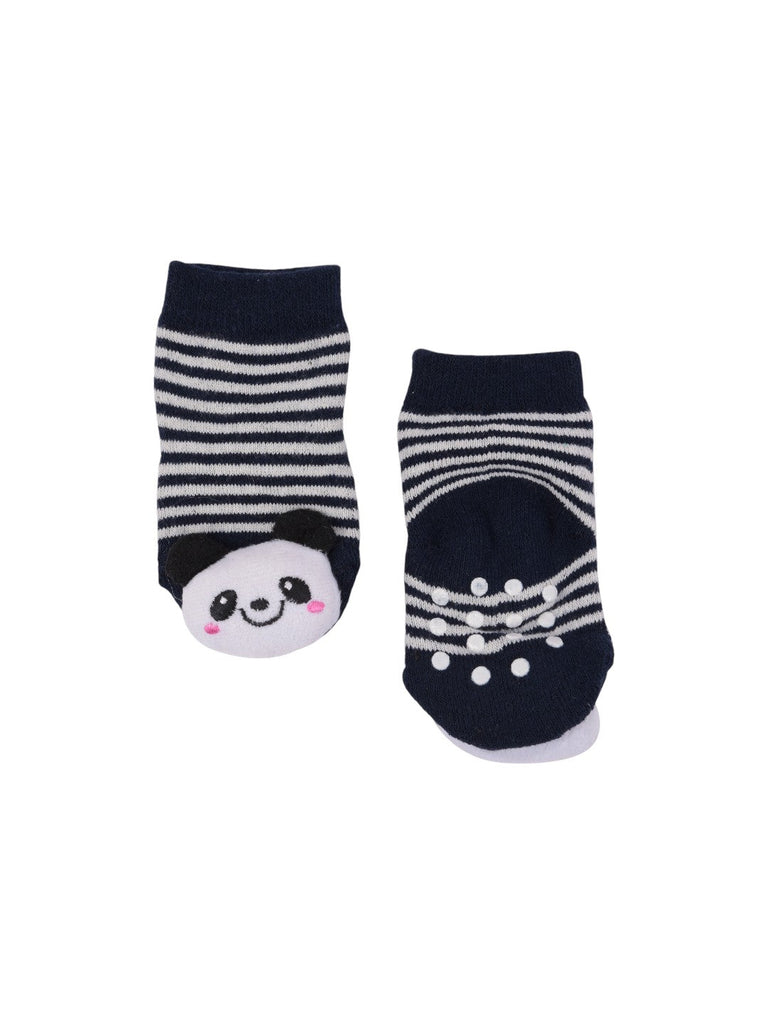 Front and back view of navy striped baby socks with a 3D panda face, featuring anti-slip grips on the bottom for added safety.