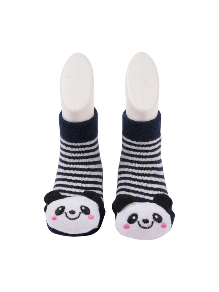 Front view of the navy striped baby socks with the smiling panda face design, perfect for toddlers and infants.