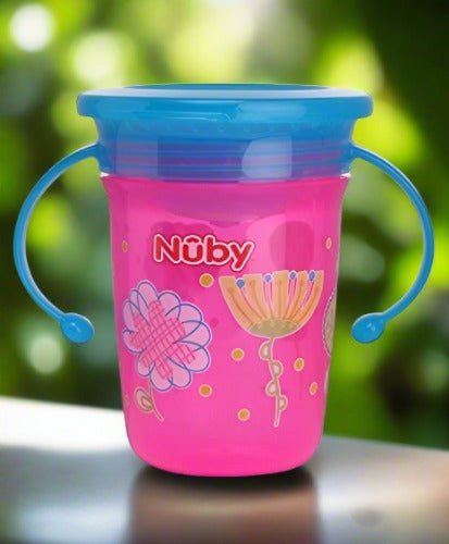 Nuby 360° Wonder Cup Printed with Handle, 240ml (Pink) - Side View