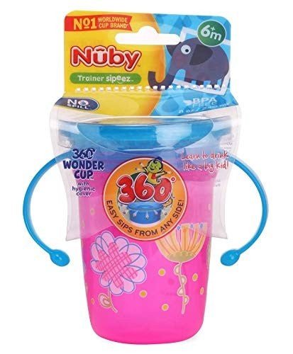 Nuby 360° Wonder Cup Printed with Handle, 240ml (Pink) - Front View