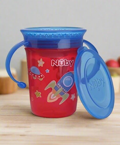 Nuby 360° Wonder Cup Printed with Handle, 240ml (Red) - Full View