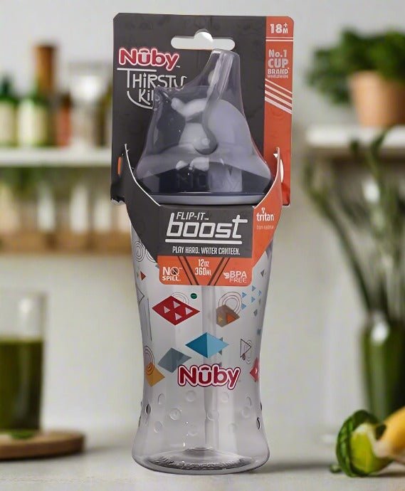 Nuby Flip-It Boost Thin Straw Sipper 360ml (Dark Grey) - Packaged View