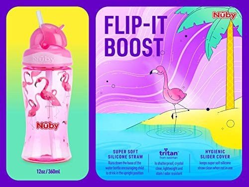 Nuby Flip It Boost Thin Straw Sipper 360ml (Pink) - Packaging and Features