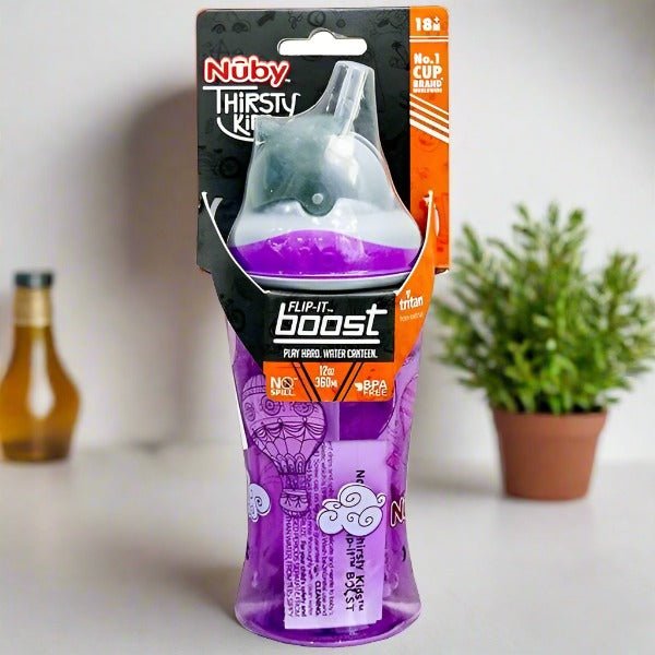 Nuby Flip It Boost Thin Straw Sipper 360ml (Purple) - Front View