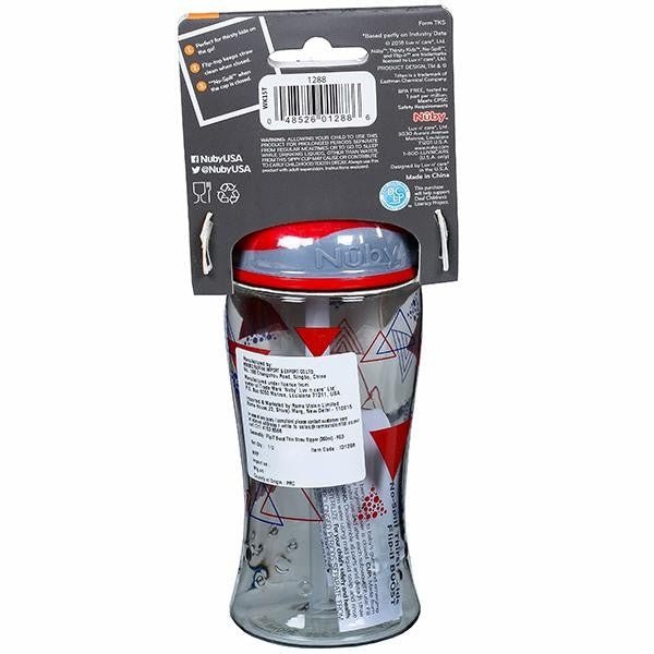 Back view of Nuby Flip It Boost Thin Straw Sipper 360ml (Red) in packaging.