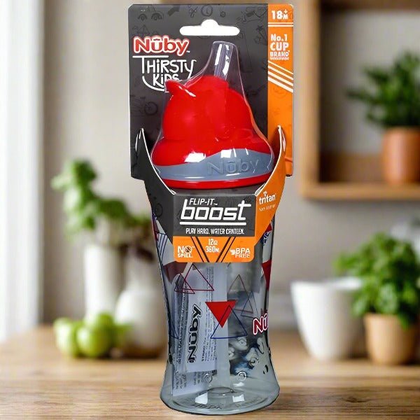 Front view of Nuby Flip It Boost Thin Straw Sipper 360ml (Red) in packaging.