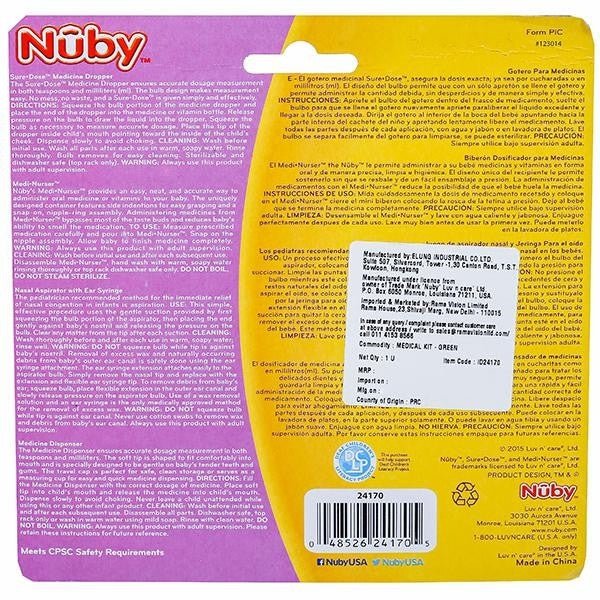 Back view of Nuby Medical Kit (Green) packaging with instructions and details.