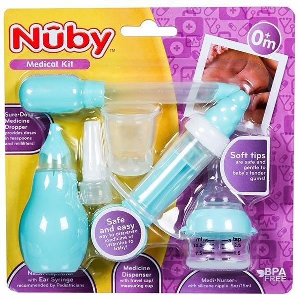 Front view of Nuby Medical Kit (Green) in packaging showing all included components.