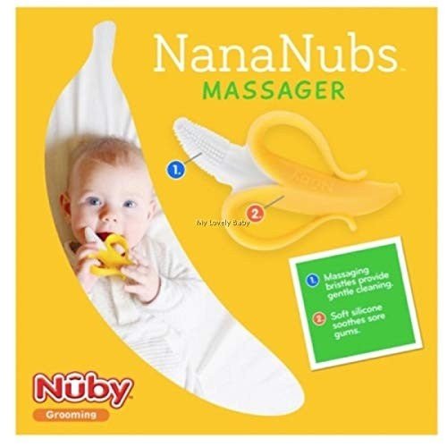 Nuby Nana Nubs (Banana) Teething Toothbrush packaging front view with features.