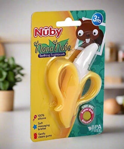 Nuby Nana Nubs (Banana) Teething Toothbrush packaging back view.