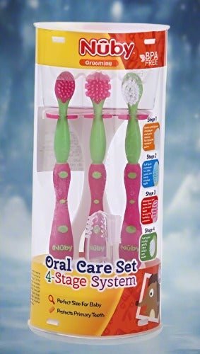 Nuby Oral Care Set (Pink) toothbrushes in packaging.