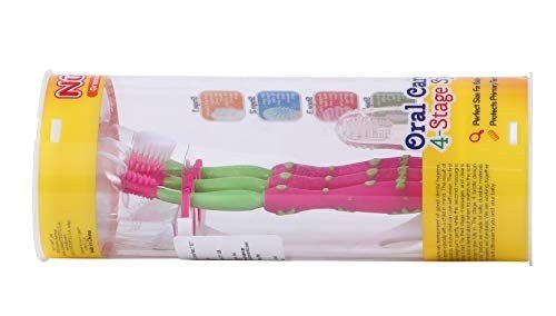 Horizontal view of Nuby Oral Care Set (Pink) in packaging.